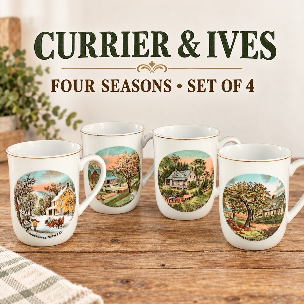 Vintage Currier & Ives Four Seasons Coffee Mugs Set of 4 Gold Trim Porcelain